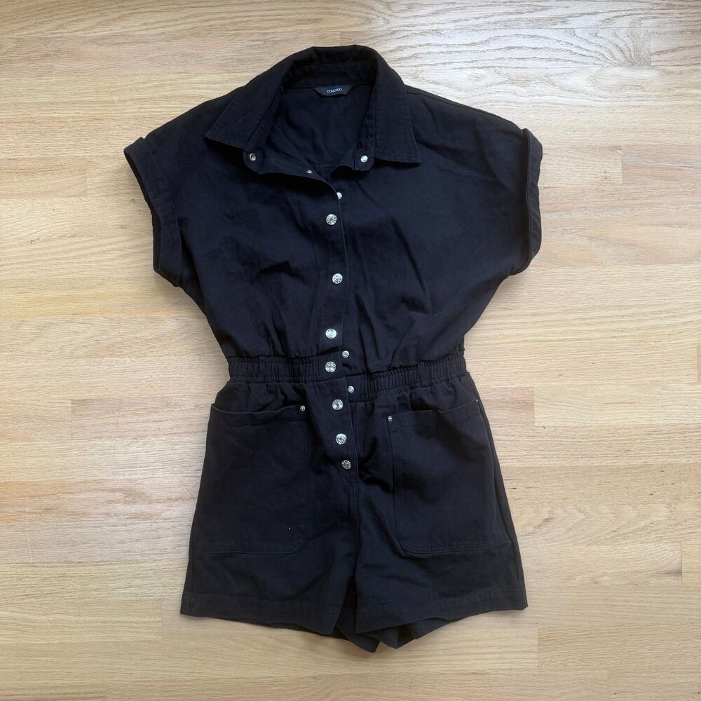 DOKOTOO Women’s Small Black Utility Romper Snap Front Elastic Waist